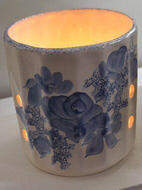 Vintage blue and white Pottery Candle Holder Tealight or 3 wick